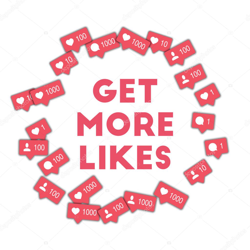 Get more likes. Social media icons in abstract shape background with counter, comment and friend not