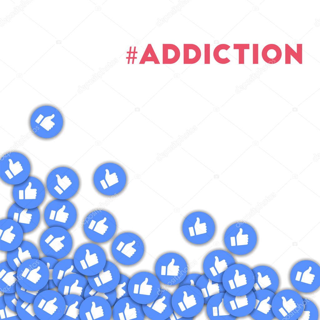 Addiction. Social media icons in abstract shape background with scattered thumbs up. 