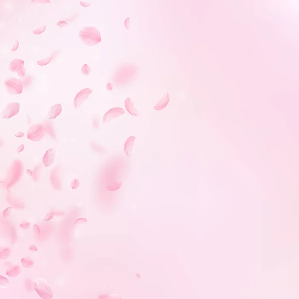 Des pétales de Sakura tombent. Romantique dégradé de fleurs roses. Pétales volantes sur fond carré rose . — Image vectorielle
