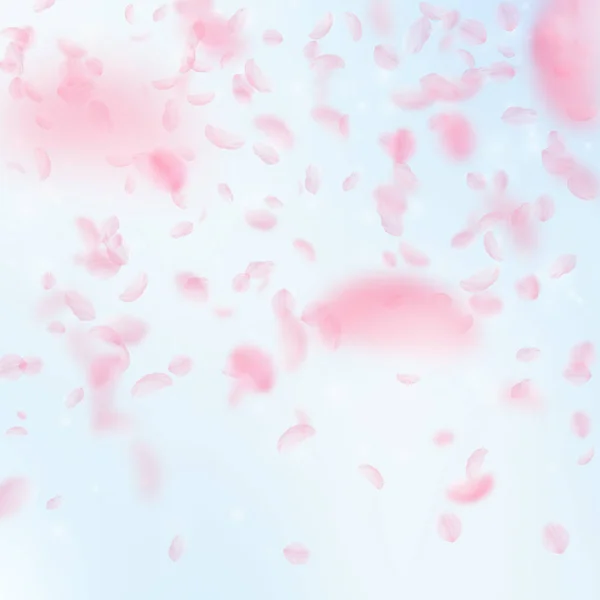 桜の花びらが落ちています。ロマンチックなピンクの花のグラデーション。青い空の正方形 backgro のフライング花びら — ストックベクタ