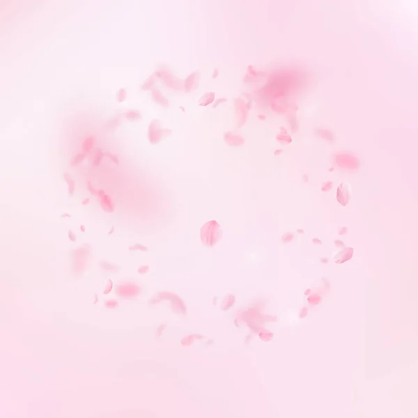 Pétalas Sakura a cair. Moldura de flores rosa romântico. Pétalas voadoras sobre fundo quadrado rosa. Lo —  Vetores de Stock