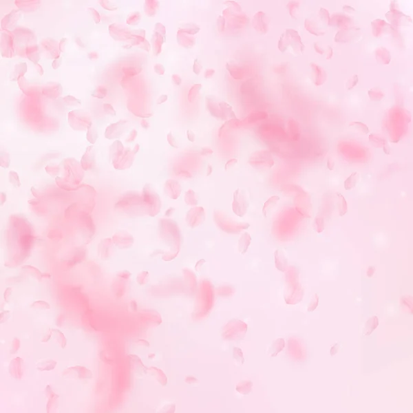 Pétalas Sakura a cair. Gradiente de flores rosa romântico. Pétalas voadoras sobre fundo quadrado rosa . —  Vetores de Stock