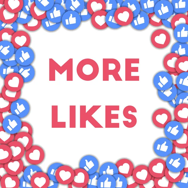 Más gustos. Iconos de redes sociales en forma abstracta de fondo con pulgares dispersos hacia arriba y corazones . — Foto de Stock
