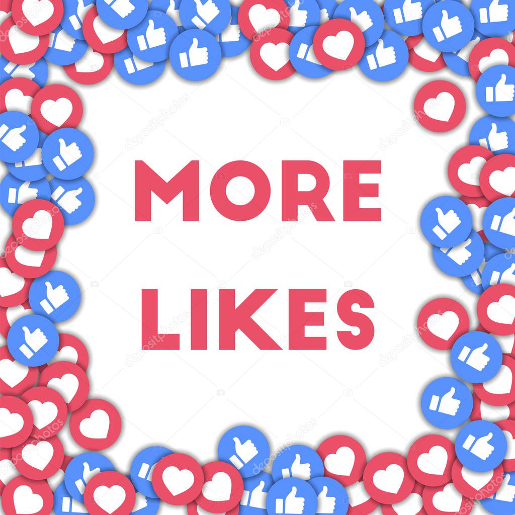 More likes. Social media icons in abstract shape background with scattered thumbs up and hearts.