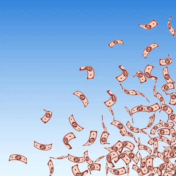 Российские рубли падают. Небольшие купюры на голубом фоне неба. Деньги России. Странный вектор — стоковый вектор