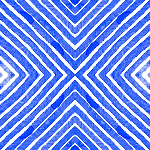 Blue Geometric Watercolor. Curious Seamless Pattern. Hand Drawn Stripes. Brush Texture. Modern Chevr — Stock Photo, Image