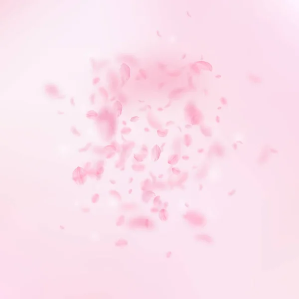 Sakura szirmok zuhan. Romantikus rózsaszín virágok robbanás. A rózsaszín négyzet háttérben repülő szirmok — Stock Vector