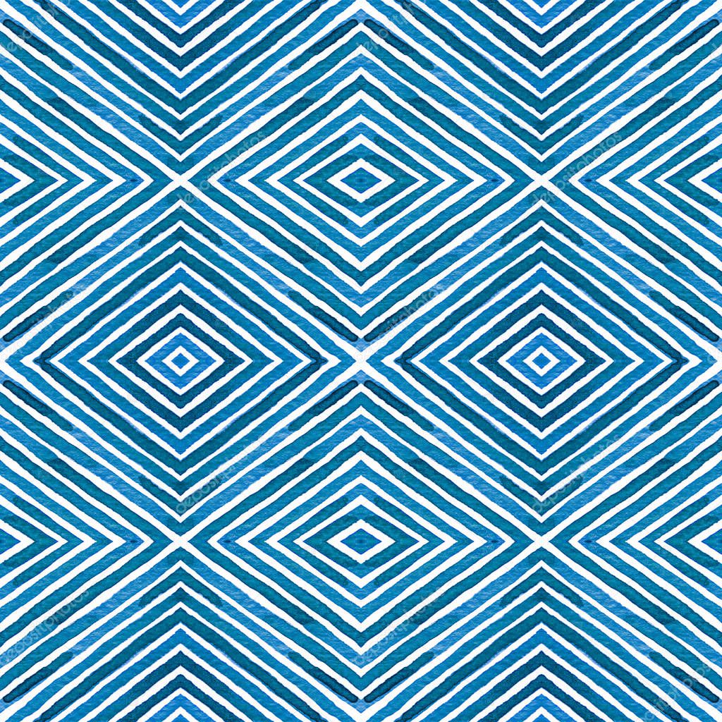 Blue Geometric Watercolor. Curious Seamless Pattern. Hand Drawn Stripes. Brush Texture. Resplendent 