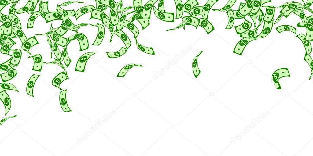 American dollar notes falling. Floating USD bills on white background. USA money. Curious vector ill
