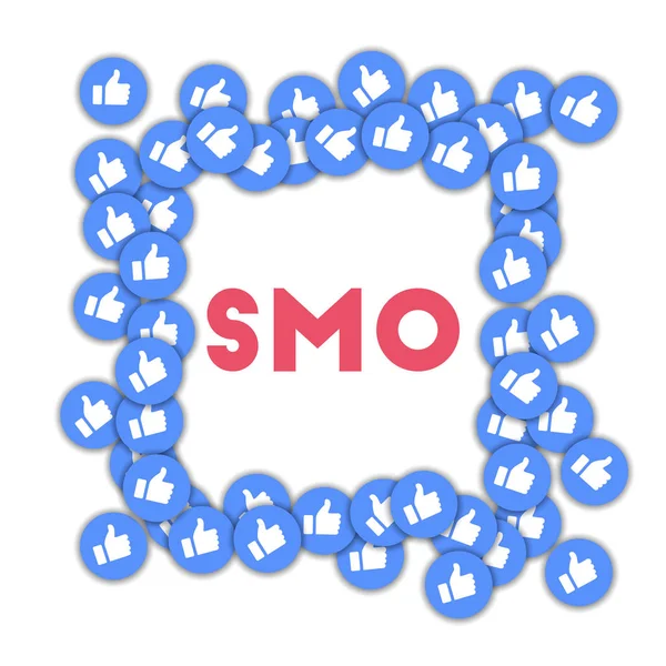 SMO. Iconos de redes sociales en forma abstracta de fondo con pulgares dispersos hacia arriba. Concepto SMO en agradable v — Foto de Stock