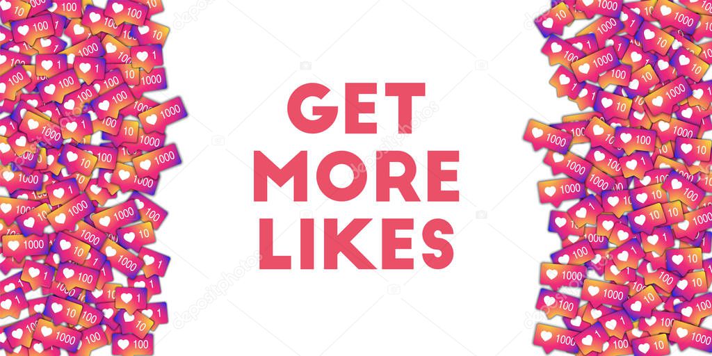Get more likes. Social media icons in abstract shape background with gradient counter. Get more like