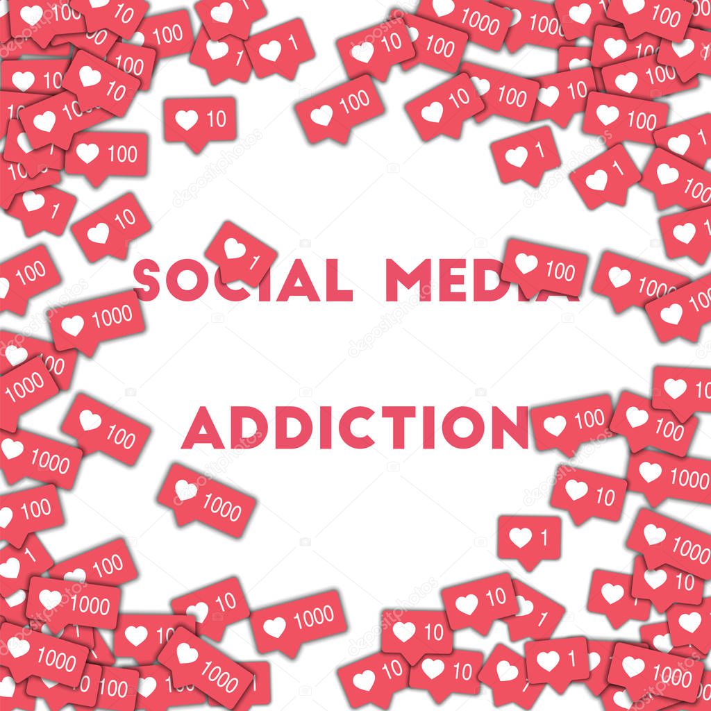Social media addiction. Social media icons in abstract shape background with pink counter. Social me