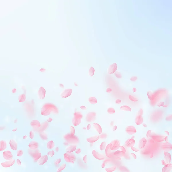 Des pétales de Sakura tombent. Romantique dégradé de fleurs roses. Pétales volantes sur fond carré ciel bleu — Image vectorielle