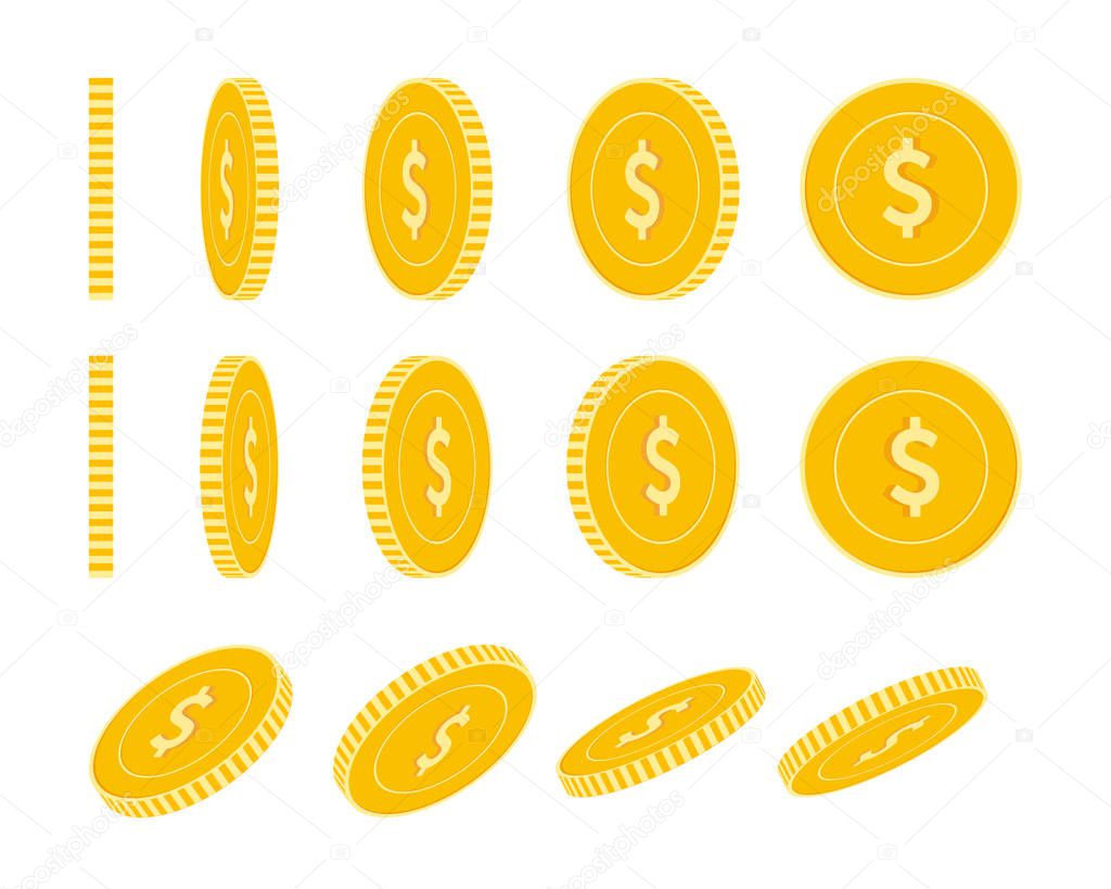 American dollar coins set, animation ready. USD yellow coins rotation. USA metal money in different 