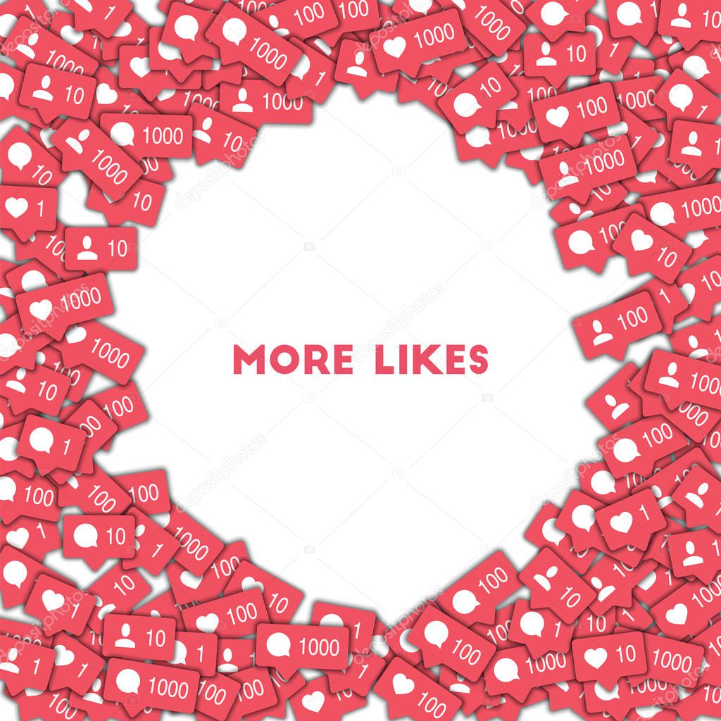More likes. Social media icons in abstract shape background with counter, comment and friend notific