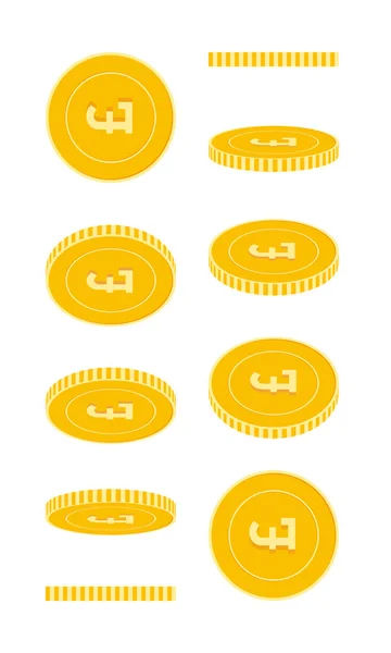 영국 파운드 동전 세트, 애니메이션 준비. Gbp 노란색 동전 회전. D에서 영국 금속 돈 — 스톡 벡터