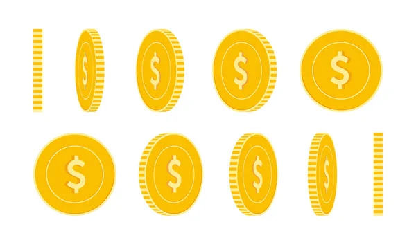 Американские долларовые монеты, анимация готова. Ротация жёлтых монет. США металлические деньги в разных — стоковый вектор