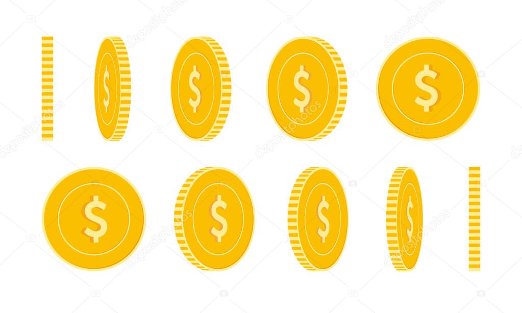 American dollar coins set, animation ready. USD yellow coins rotation. USA metal money in different 