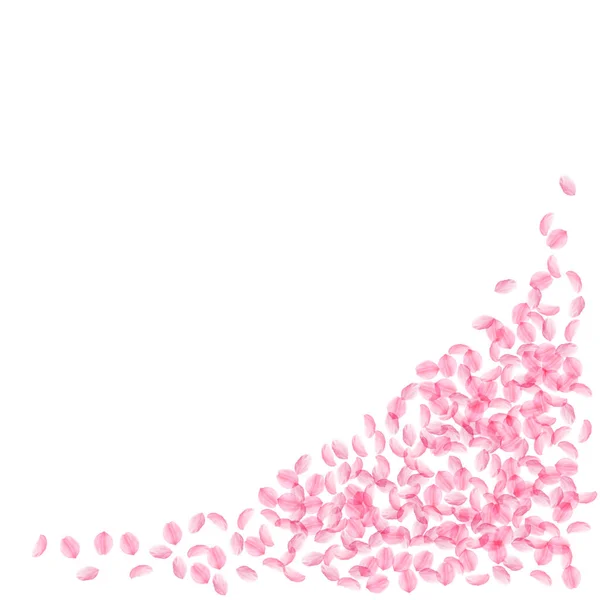 Pétalos Sakura cayendo. Románticas flores pequeñas y sedosas rosadas. Pétalos de cereza voladores gruesos. Fondo ri — Vector de stock