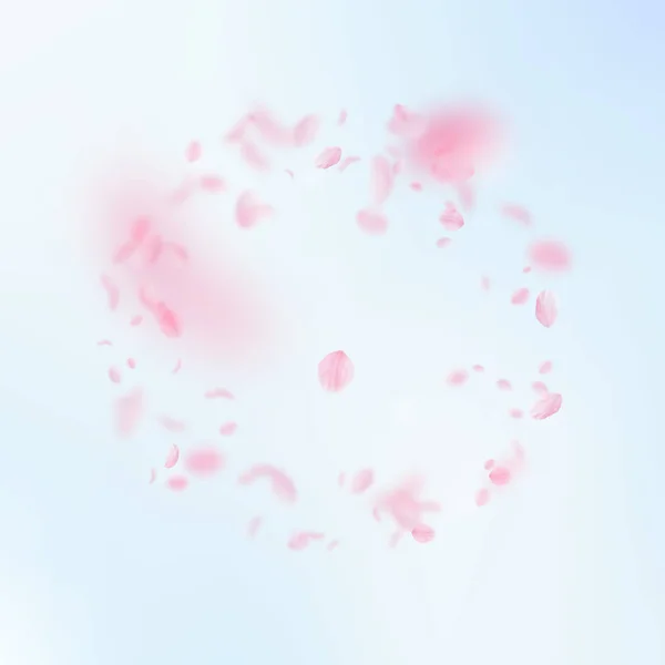 Sakura-Blütenblätter fallen herunter. romantische rosa Blüten umrahmen. fliegende Blütenblätter auf blauem Himmel quadratischen Hintergrund — Stockvektor