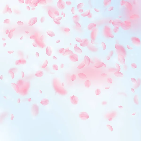 Sakura kronblad faller ner. Romantisk rosa blommor lutning. Flygande blomblad på blå himmel fyrkantig backgro — Stock vektor
