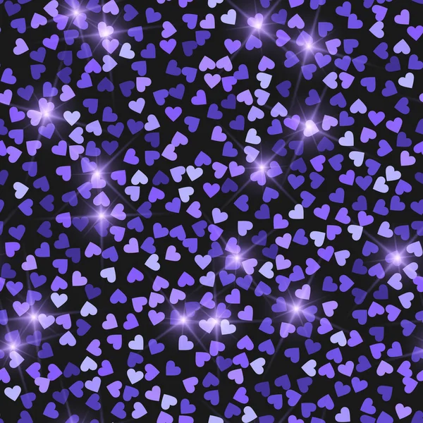 Glitter seamless texture. Actual purple particles. Endless pattern made of sparkling hearts. Rare ab — Stock Vector