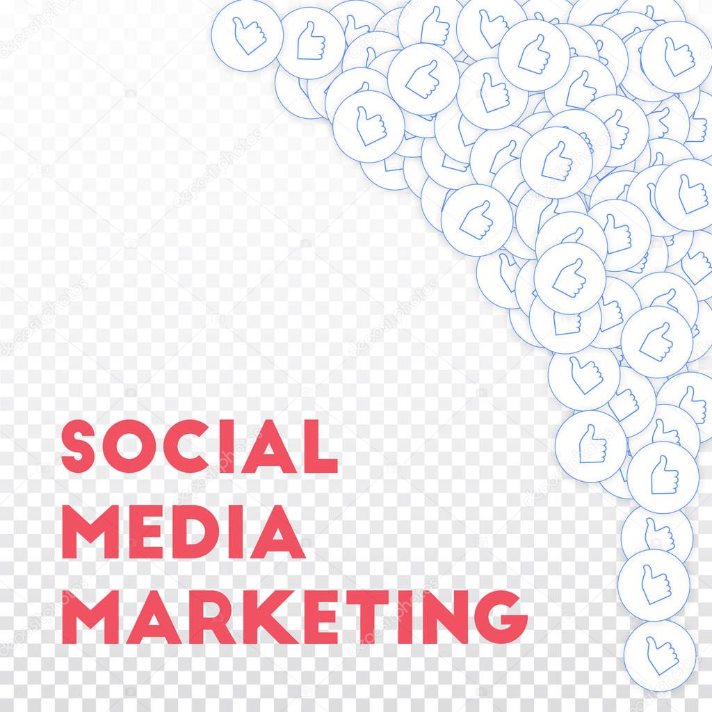 Social media icons. Social media marketing concept. Falling scattered thumbs up. Top right corner el