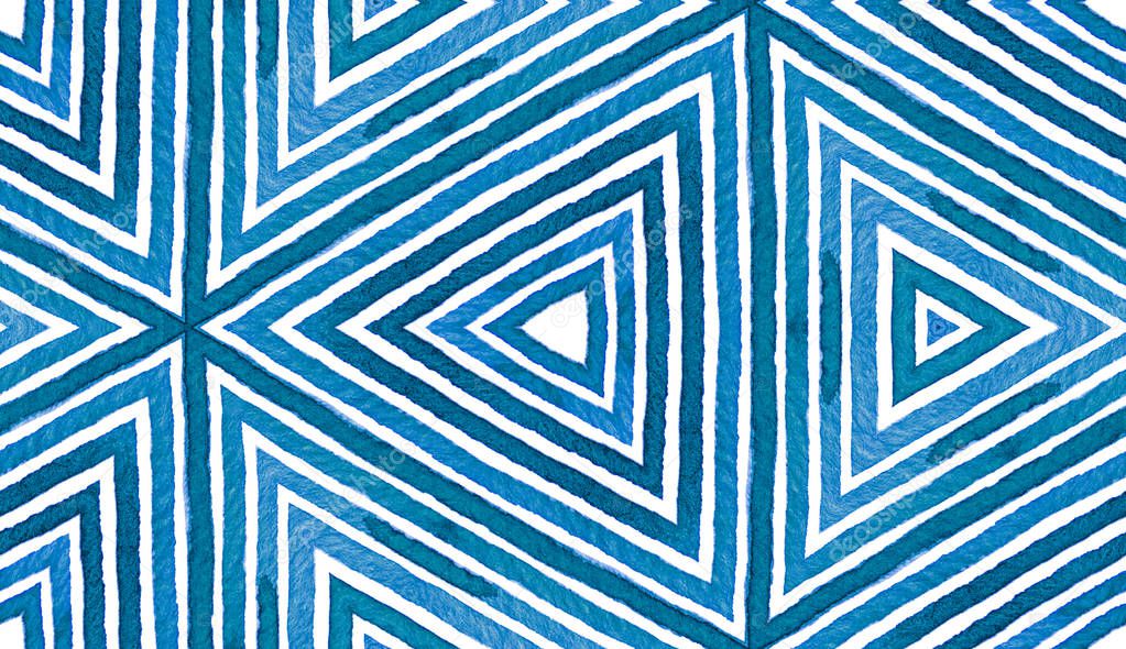 Blue Geometric Watercolor. Cute Seamless Pattern. Hand Drawn Stripes. Brush Texture. Immaculate Chev