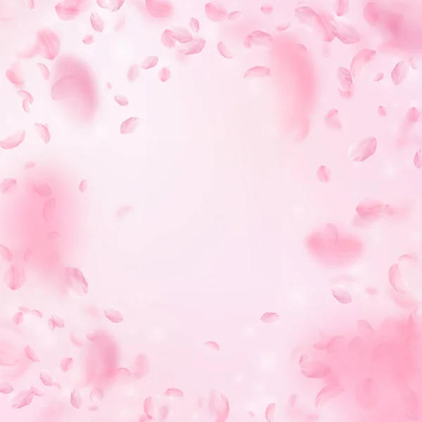 Sakura-Blütenblätter fallen herunter. romantische rosa Blumen Vignette. fliegende Blütenblätter auf rosa quadratischem Hintergrund. — Stockvektor