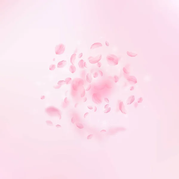 Pétalas Sakura a cair. Explosão romântica de flores rosa. Pétalas voadoras sobre fundo quadrado rosa —  Vetores de Stock
