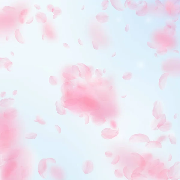 樱花花瓣落下 浪漫的粉红色花朵爆炸 在蓝天广场的背景下飞翔的花瓣 浪漫的概念 经典婚礼请柬 — 图库矢量图片