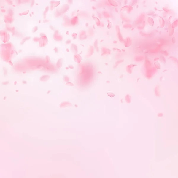 Лепестки Сакуры падают. Романтические розовые цветы градиент. Летающие лепестки на розовом квадратном фоне . — стоковый вектор