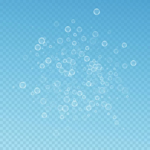 Seifenblasen Abstrakten Hintergrund Blasen Wehen Auf Blauem Transparentem Hintergrund Atemberaubende — Stockvektor