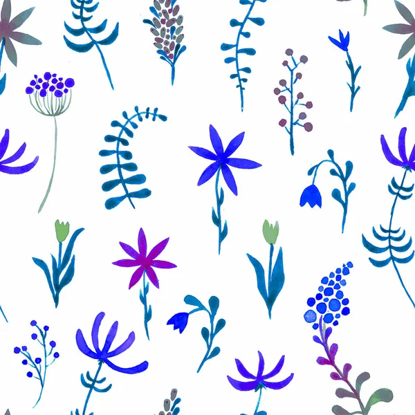 Cute watercolor floral seamless pattern. Blue boho
