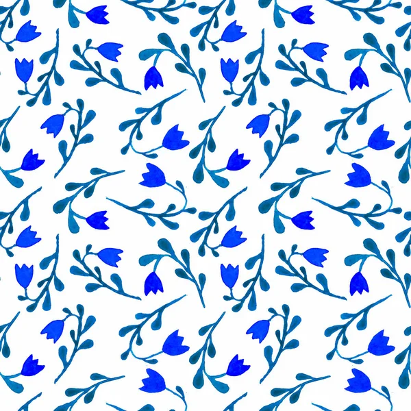 Cute watercolor floral seamless pattern. Blue boho