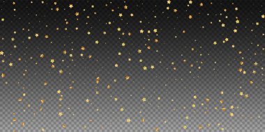 Altın rasgele lüks köpüklü konfeti yıldız. Saydam arka plan üzerinde dağınık küçük altın parçacıkları. Tuhaf Festival yerleşim şablonu. Kendinden geçmiş vektör çizim.