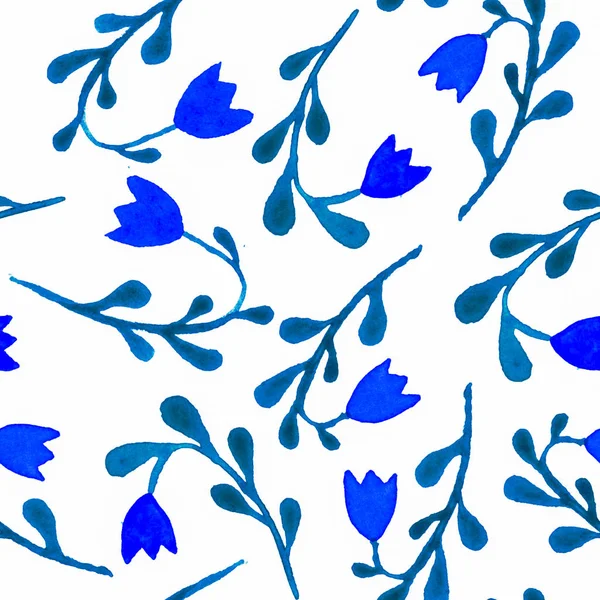 Cute watercolor floral seamless pattern. Blue boho