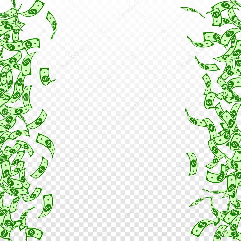American dollar notes falling. Small USD bills on transparent background. USA money. Comely vector illustration. Ravishing jackpot, wealth or success concept.