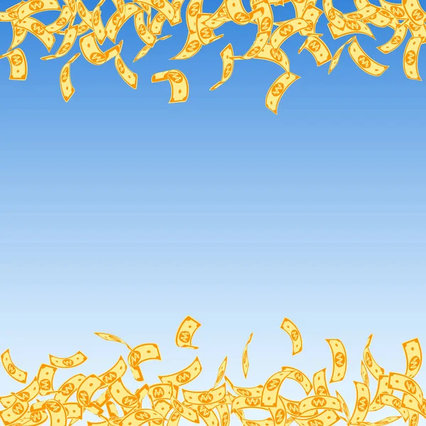 Koreanska vann sedlar faller. Små WON räkningar på blå — Stock vektor