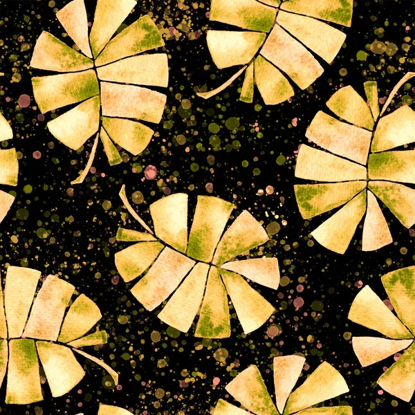 Tropical seamless pattern. Watercolor childish palm leaves, japanese bamboo. Yellow exotic swimwear design. Summer tropic repeated print. Incredible textile illustration.