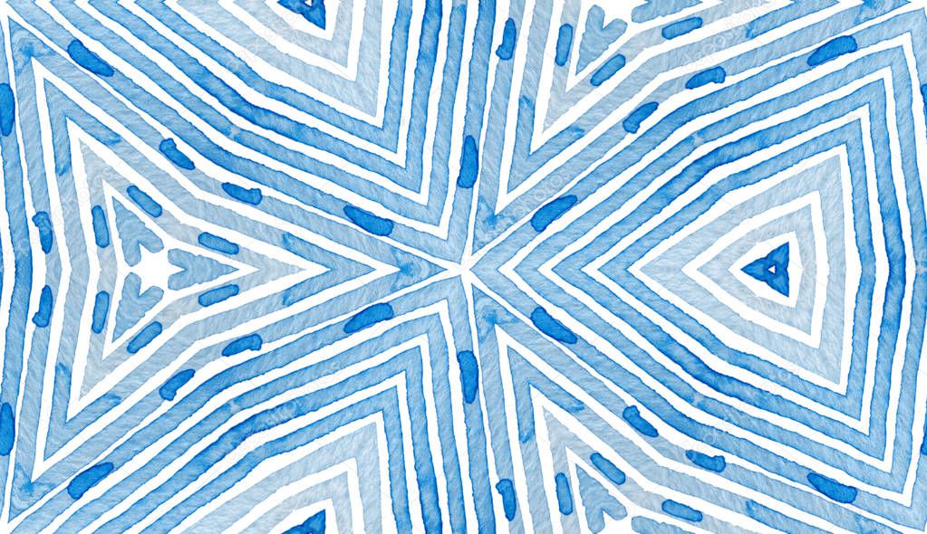 Blue Geometric Watercolor. Curious Seamless Pattern. Hand Drawn Stripes. Brush Texture. Grand Chevron Ornament. Fabric Cloth Swimwear Design Wallpaper Wrapping.