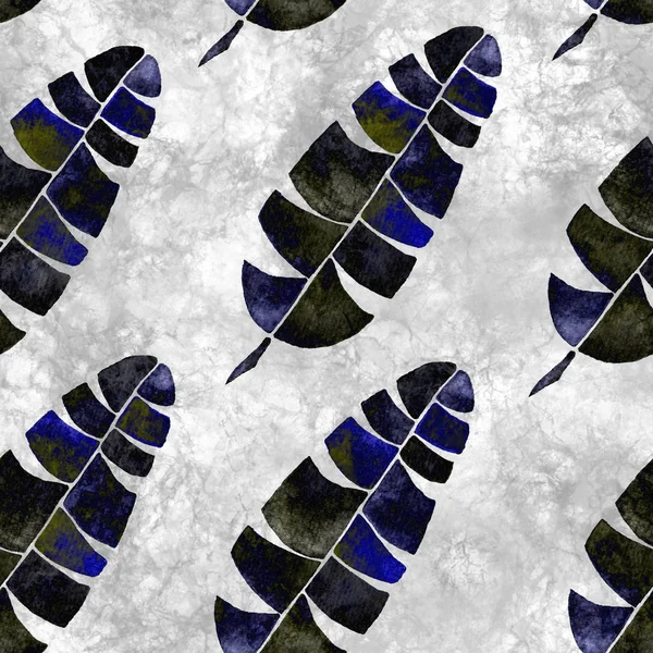 Tropical seamless pattern. Watercolor childlike palm leaves, japanese bamboo. Blue exotic swimwear design. Summer tropic repeated print. Surprising textile illustration.