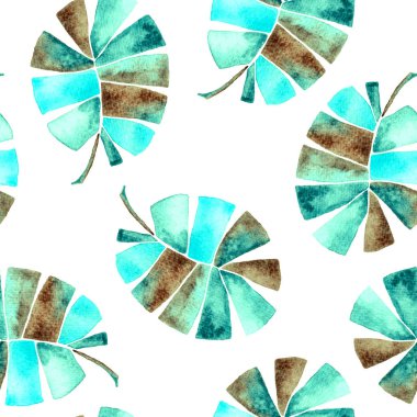 Tropikal dikişsiz desen. Suluboya çocuksu palmiye yaprakları, Japon bambu. Turkuaz egzotik mayo tasarımı. Yaz tropik tekrarlanan baskı. Nefes kesen tekstil illüstrasyon.