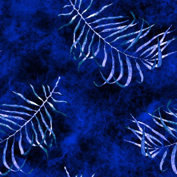 Patrón tropical sin costuras. Acuarela hojas de palma dispersas, bambú japonés. Diseño de trajes de baño exóticos azules. Estampado repetido tropical de verano. Excelente ilustración textil . — Foto de Stock