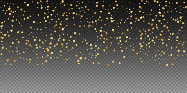 Estrellas de oro de lujo al azar confeti espumoso. Dispersas pequeñas partículas de oro sobre fondo transparente. Plantilla de superposición festiva audaz. Ilustración vectorial inusual . — Vector de stock