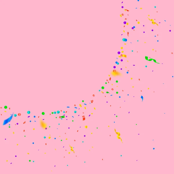ストリーマーとコンフェッティ カラフルなティンセルと箔リボン ピンクの背景にコンフェッティコーナー 本物のパティオーバーレイテンプレート 恍惚お祝いの概念 — ストックベクタ