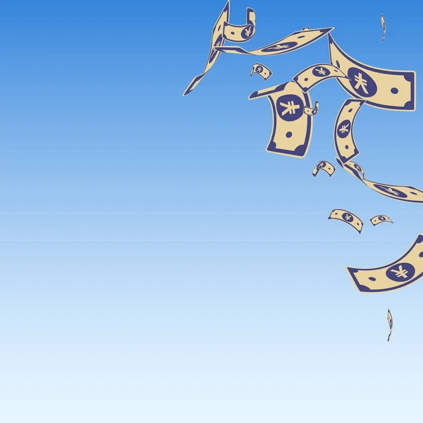 Des notes de yuan chinois tombent. Des factures CNY aléatoires sur fond bleu ciel. Chine argent . — Image vectorielle