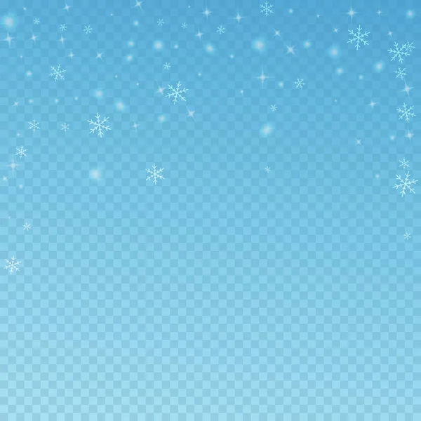 Esparso brilhante neve fundo de Natal. Flocos de neve voadores sutis e estrelas em fundo transparente azul . —  Vetores de Stock