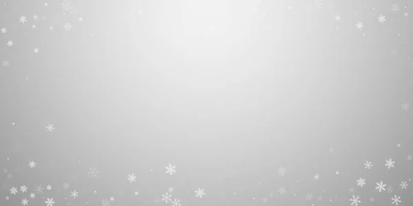 Sparse snowfall Christmas background. Subtle flying snow flakes and stars on light grey background. — Stock Vector
