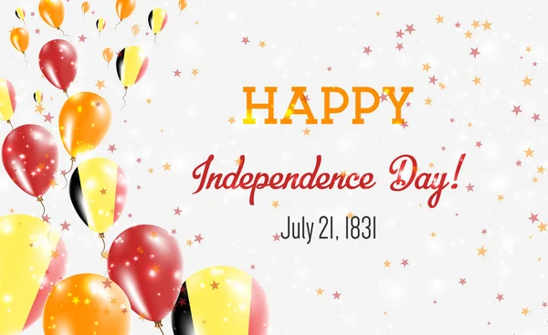 Dzień Niepodległości Belgii pozdrowienie Card. Latające balony w barwach narodowych w Belgii. Szczęśliwy dzień niepodległości Belgii wektor ilustracja. — Wektor stockowy